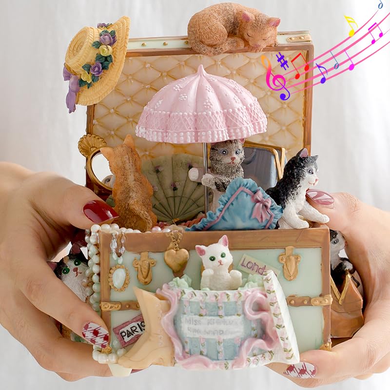 Memory Cat Music Box Gift for Women Girls - 18-Note Handcrafted Resin