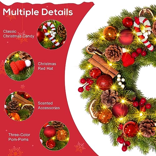 Quntis Candy Cane Christmas Wreath with Lights - 16 Inch Holiday Door Decor