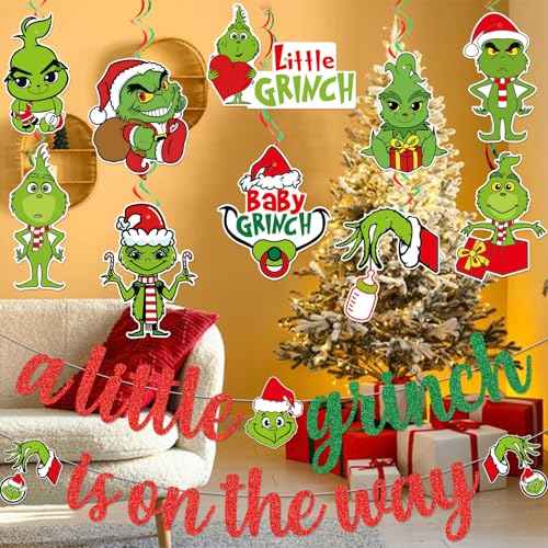 Green Monster Christmas Baby Shower Decorations with Banner Hanging Swirls for Whoville Gender Reveal Party Supplies