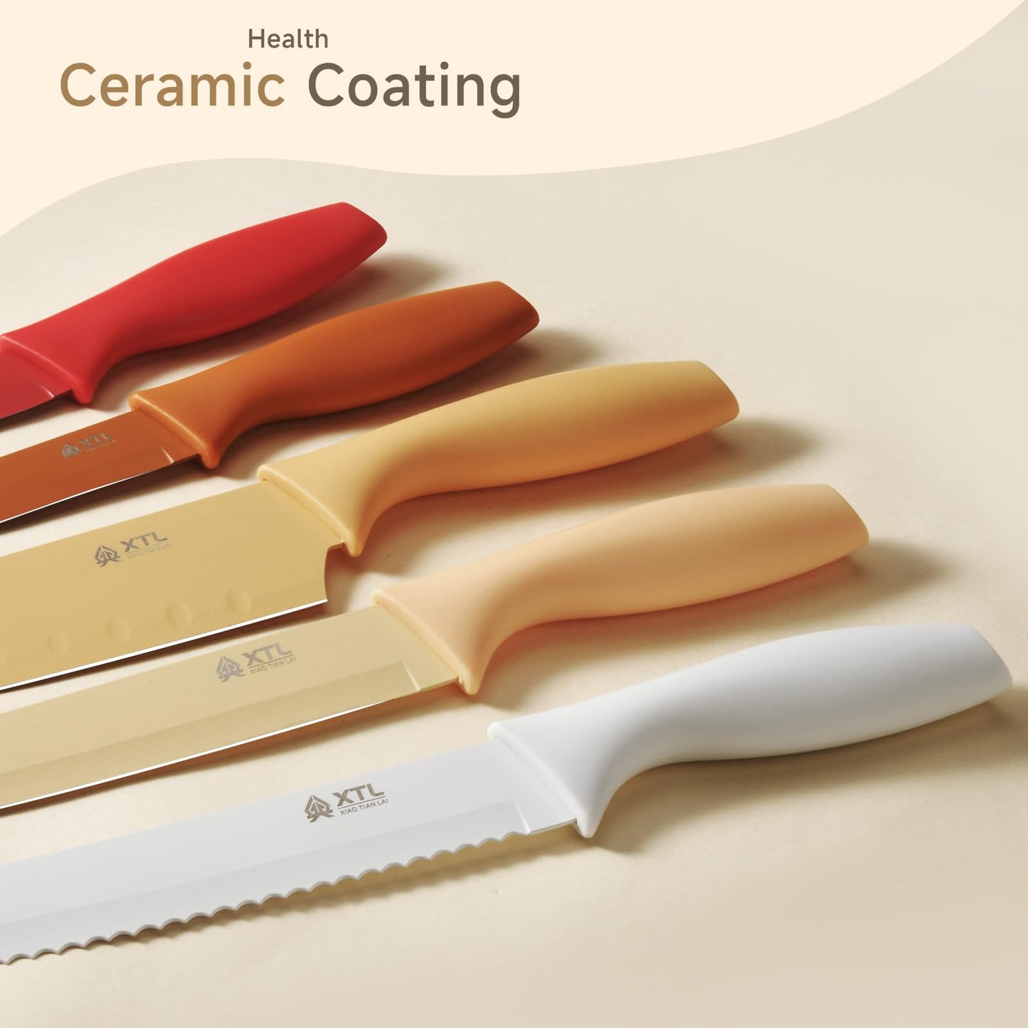 XTL 5-Piece Kitchen Knife Set with Matched Blade Guards, Stainless Steel Knife Set With Nonstick Ceramic Coating, Dishwasher Safe, Rustproof, 5 Knife Set for Kitchen Cooking, Cutting & Chopping