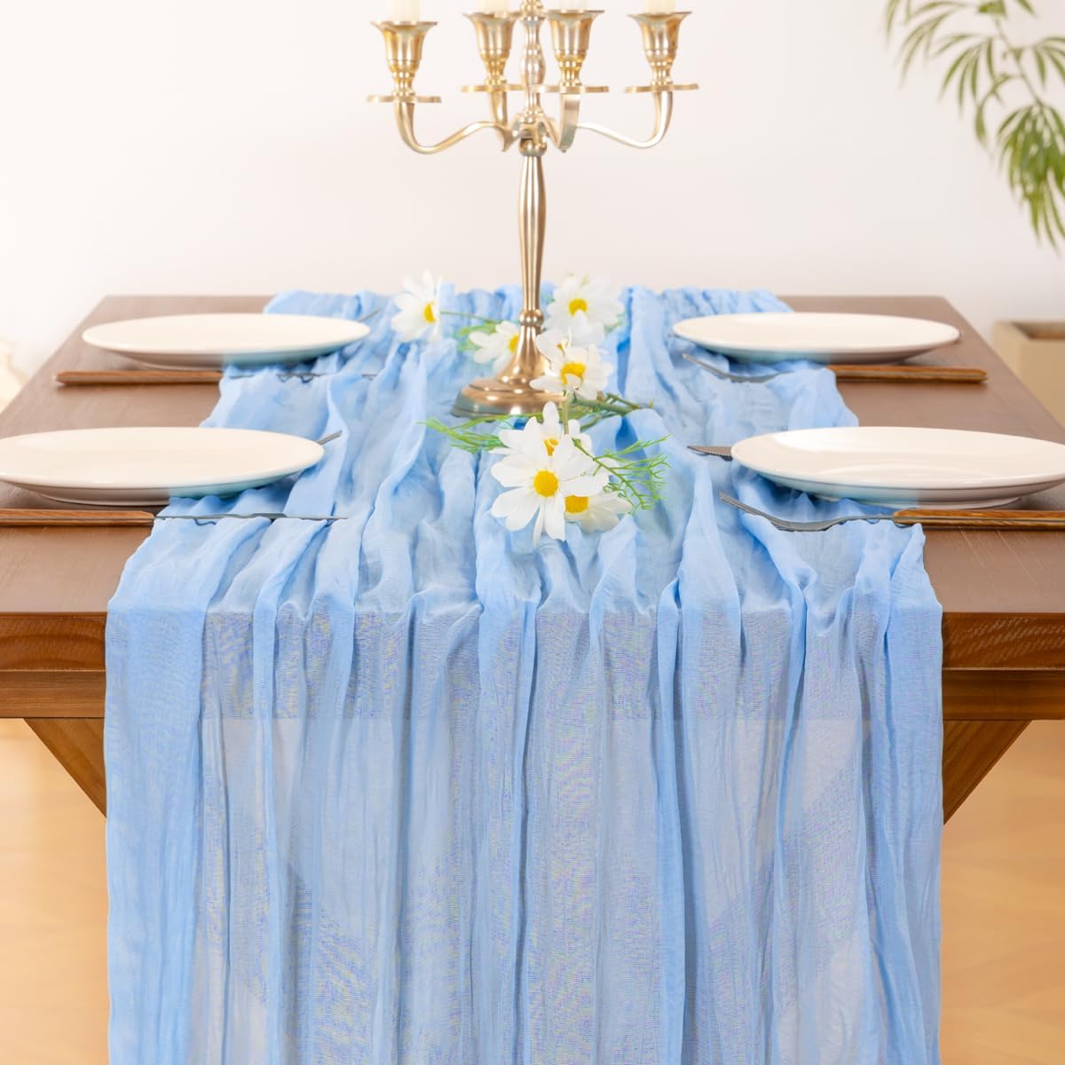 Socomi Cheesecloth Table Runner - Light Blue Boho Rustic Design | 120 Inch for Weddings & Events