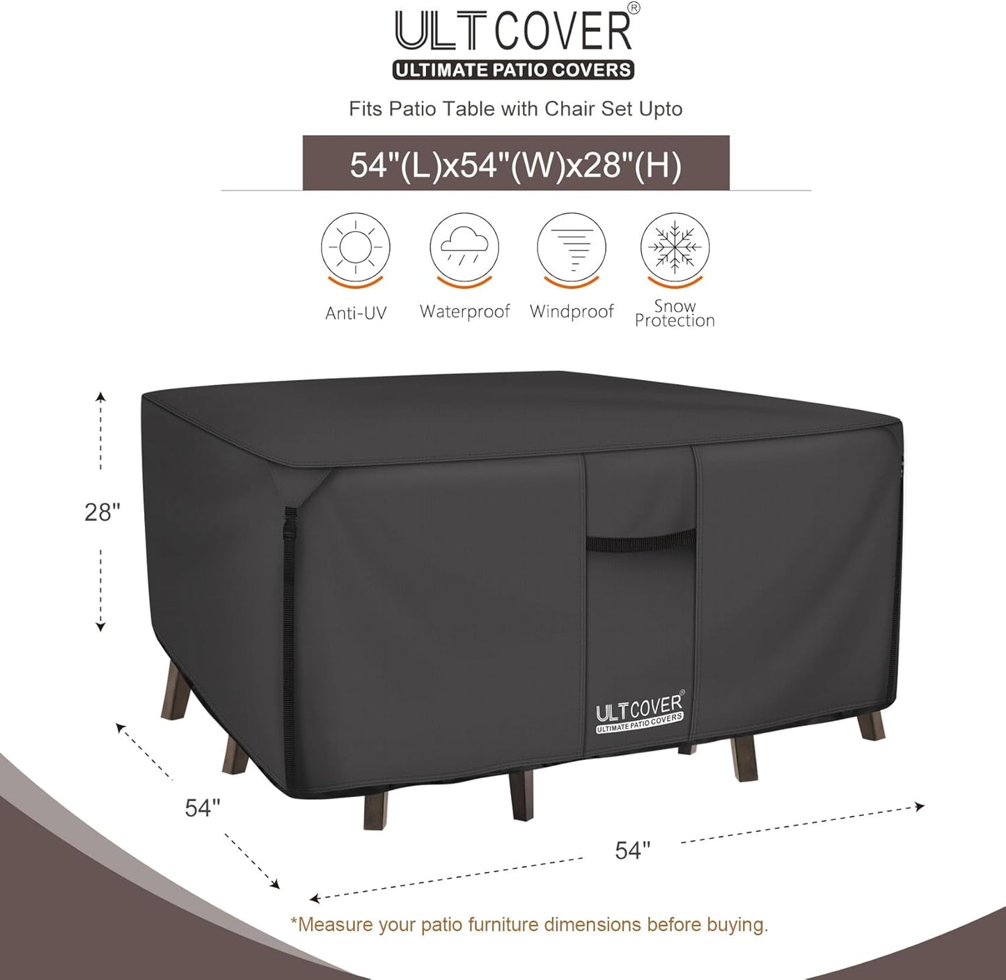 ULTCOVER 600D Heavy Duty Waterproof Square Patio Table & Chair Cover | 54 Inch, Black