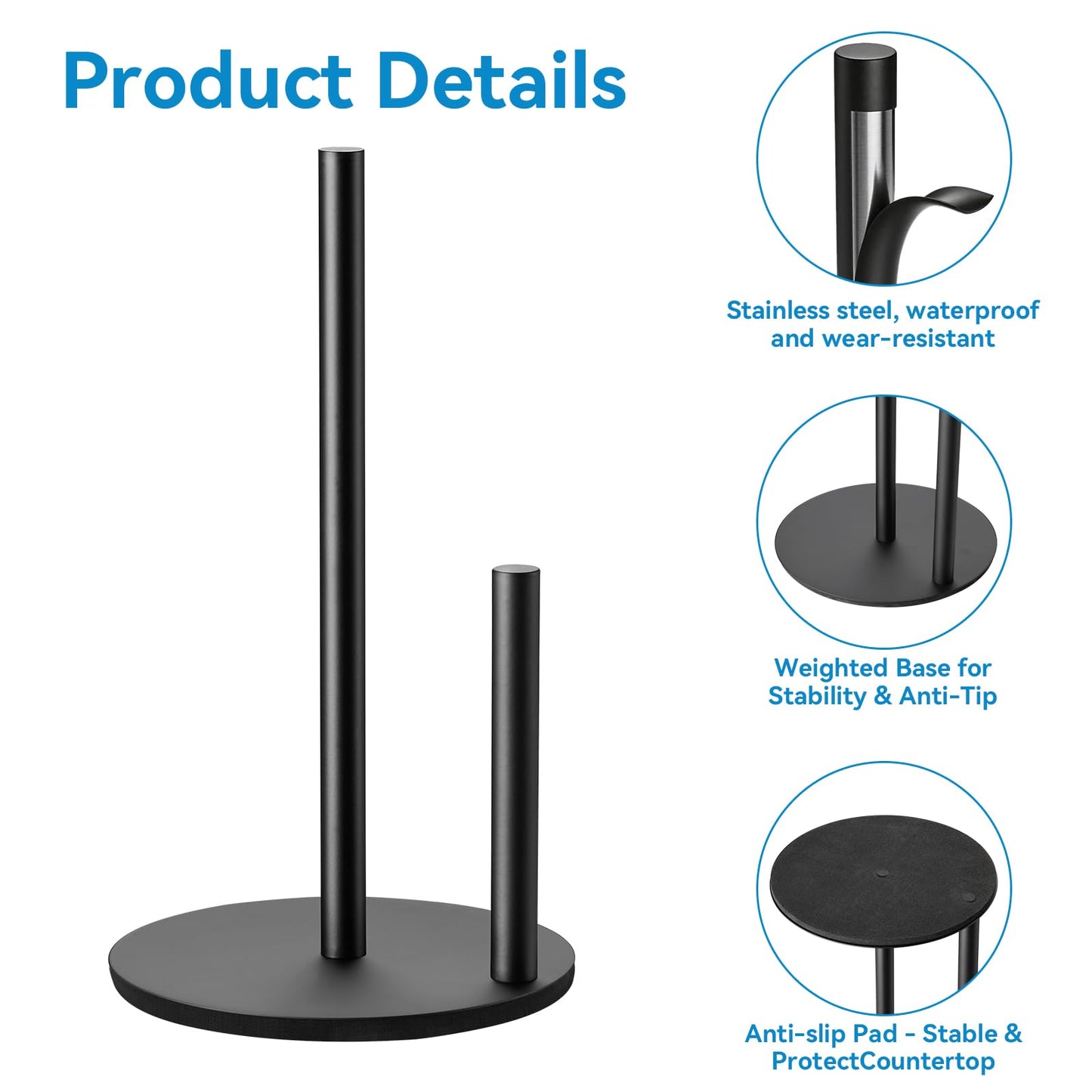 Paper Towel Holder Kitchen,Premium Stainless Steel Roll Dispenser,Countertop Paper Holder with Weighted Base, Black