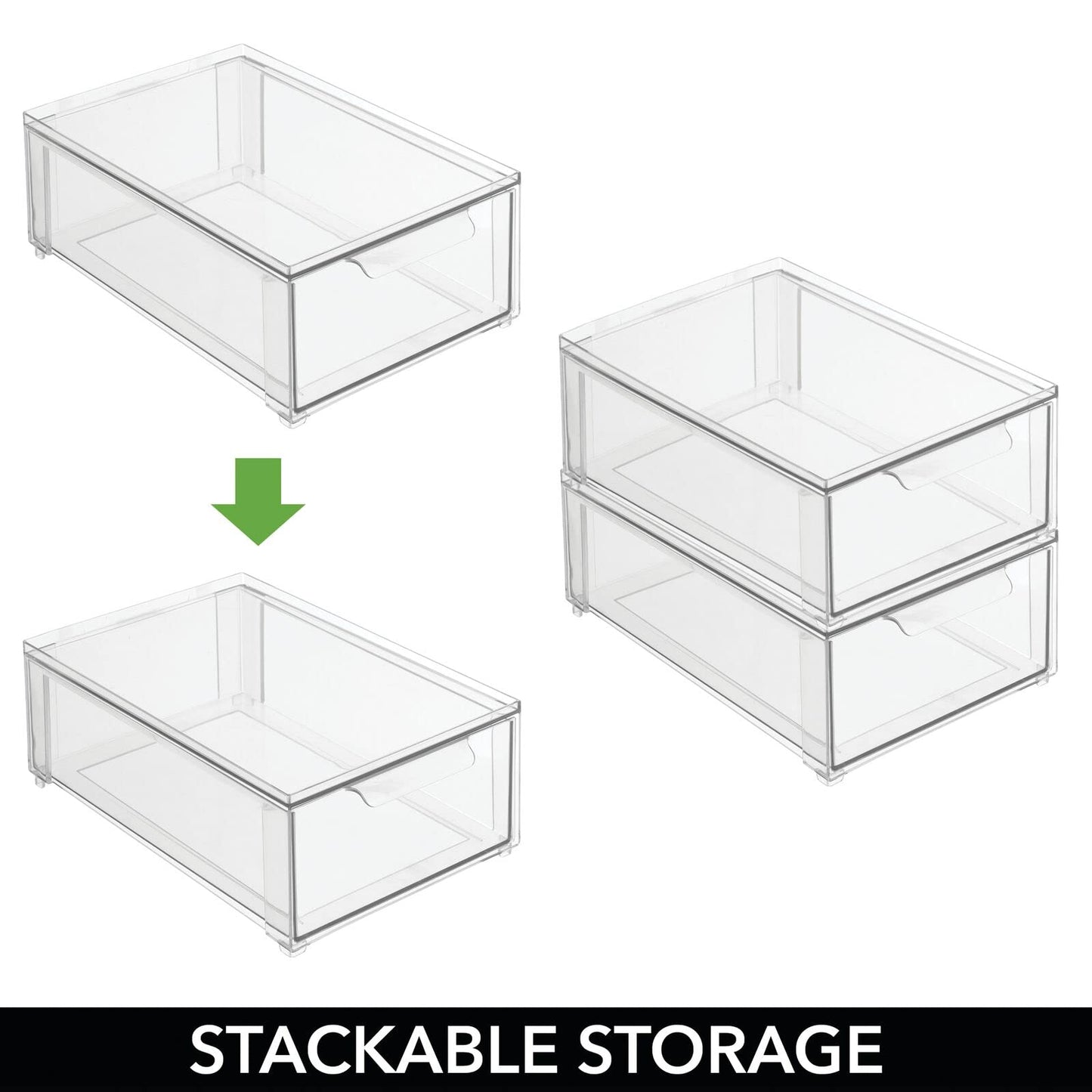 mDesign Plastic Stackable Closet Storage Organizer Bin Containers with Front Pull Drawer for Cabinet, Desk, Shelf, Cupboard, or Dresser Organization - Lumiere Collection - Set of 3 - Clear