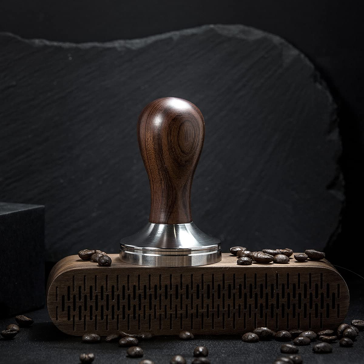 USEAMIE Coffee Tamper Espresso Press with Tamper Mat 304 Stainless Steel Flat Base Wooden Handle for Coffee Grounds Barista Espresso Machines Accessory (51MM)