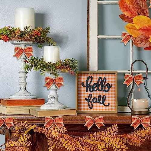 10 PCS Fall Bows for Wreath, Thanksgiving Wreath Bows Orange Red Buffalo Plaid Bow Natural Burlap Craft Bow Holiday Farmhouse Tree Bows for Basket Autumn Thanksgiving Decorations Supplies