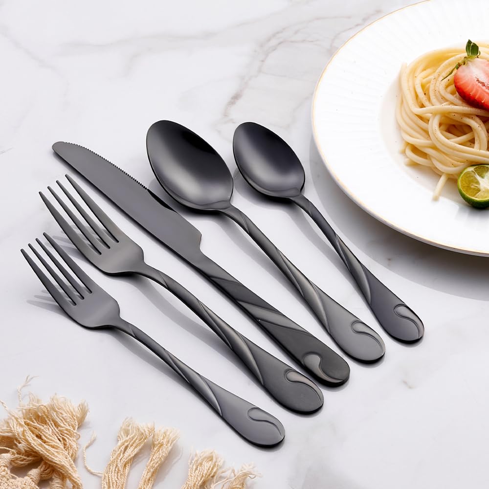 Seeshine Black Silverware Set for 6, 30-Piece Stainless Steel Flatware Set, Shiny Black Metal Cutlery Set, Include Fork, Knife and Spoon Set, Dishwasher Safe