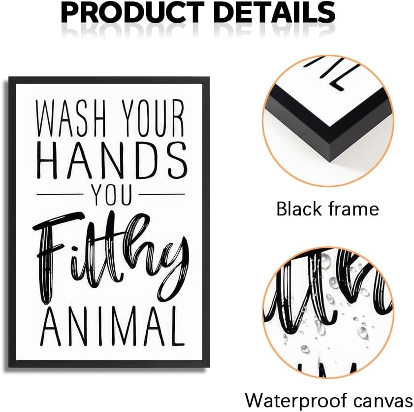 Skiennix Framed Black And White Bathroom Wall Art - Funny Wash Your Hands Poster | Modern Minimalist Decor