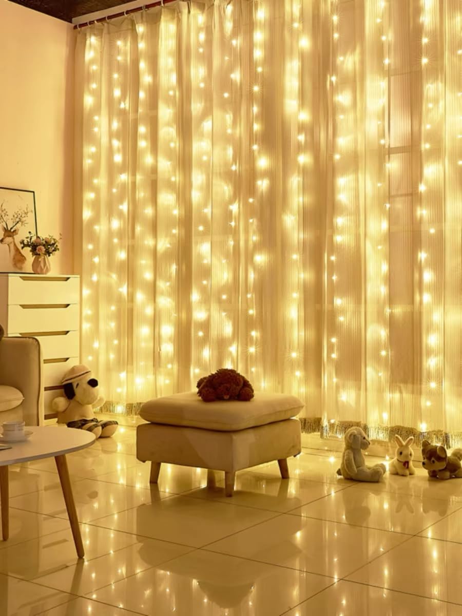 300 LED Curtain Light,3M*3M Fairy String Lights,Curtain String Lights for Party/Wedding/Festival/Christmas,Window Blinking String Light for Bedroom,Outdoor/Indoor,USB Plug with 8 Modes(Warm White)