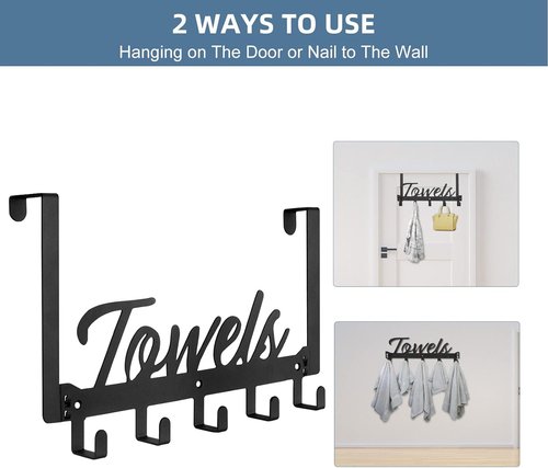 Azmoncy Over The Door Hooks - Heavy Duty Towel Rack with 5 Coat Hooks | Black for Bathroom & Kitchen