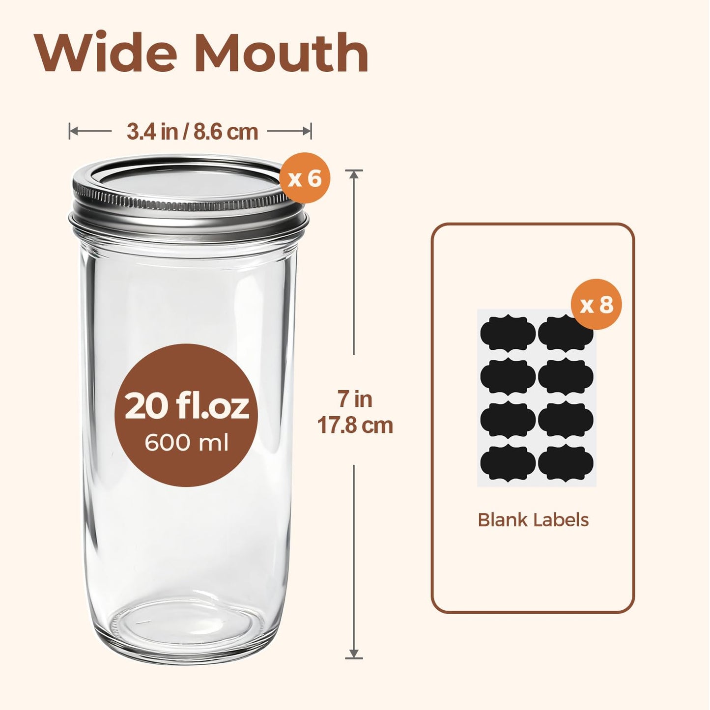 ComSaf 20 oz Mason Jars Wide Mouth 6 Pcs, Large Canning Jars with Seal Bands, 20 oz Glass jar with Lid for Jam, Sauce, Juice, Coffee, Pickling, Fruit, Dessert, Kitchen Storage, Vanilla Extract