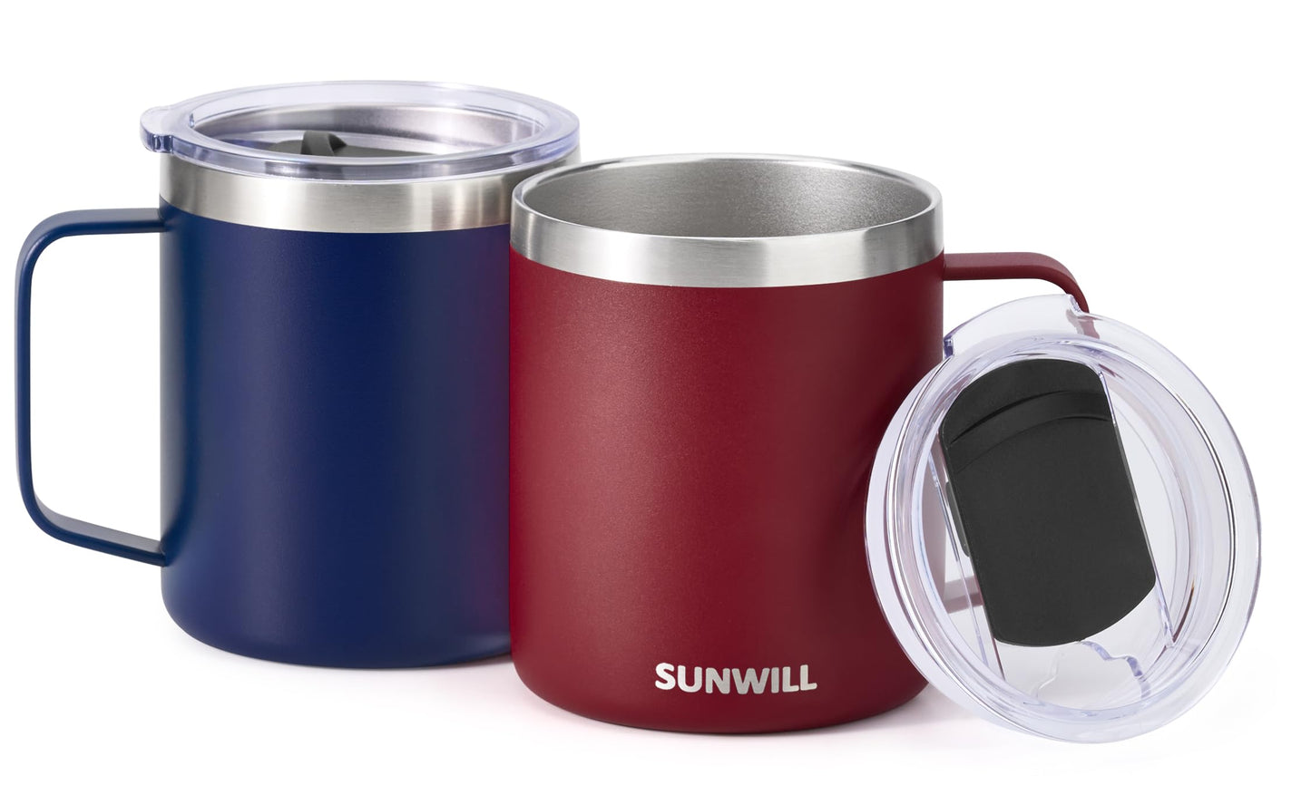 SUNWILL Travel Coffee Mug Set of 2, Insulated Tumbler with Lid, 14 oz Stainless Steel Cup with Handle for Camping, Office, Home, Powder Coated Navy Blue & Wine Red