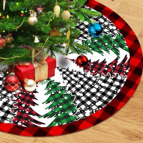 Pines Christmas Tree Skirt 48 Inch, Large Red Black Buffalo Plaid Xmas Tree Skirts, Winter Holiday Tree Mat Decoration