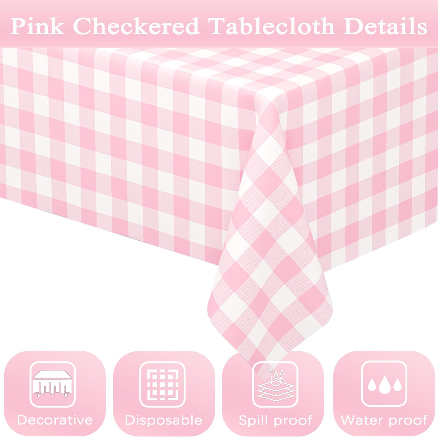 4 Pack Pink Gingham Tablecloth Rectangular Pink and White Checkered Tablecloths Disposable Plastic Pink Plaid Table Cover for Parties, Outdoor Picnic, Birthday, Wedding, Camping 54 × 108 Inch