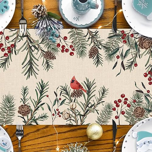 Seliem Winter Pine Needle Branches Table Runner 13x72 Inches - Holiday Farmhouse Decor