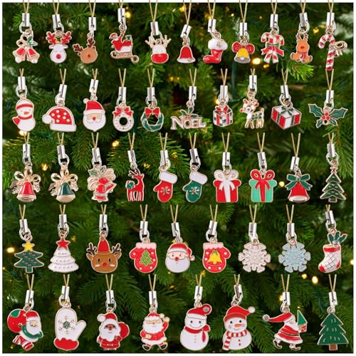 48 PCS Mini Christmas Ornaments Small Tree Decorations Christmas Charms for Jewelry Making with Gold Rope for Xmas Craft Hanging Decor