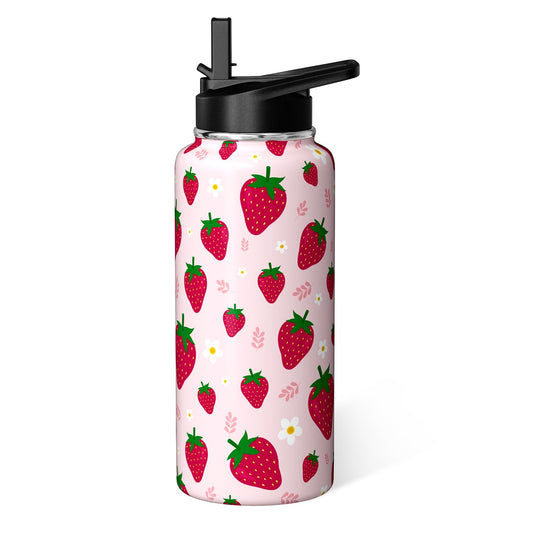 Strawberry Water Bottle 32oz Vacuum Insulated Thermoses with Straw Lid Strawberry Gifts for Women Strawberry Stuff Things for Girls Cute Travel Tumbler Cup Mug