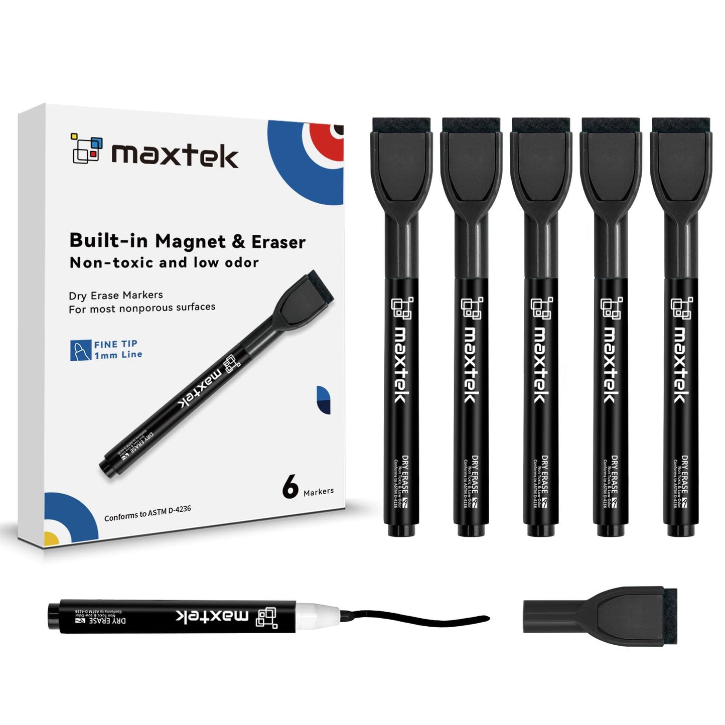 maxtek Magnetic Black Dry Erase Markers, 6 Count Fine Tip Whiteboard Markers with Eraser, Thin Markers Low Odor for Classroom, Office, Home