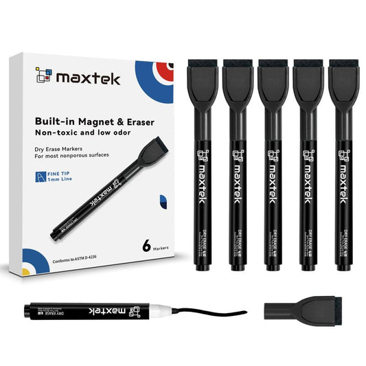 maxtek Magnetic Black Dry Erase Markers, 6 Count Fine Tip Whiteboard Markers with Eraser, Thin Markers Low Odor for Classroom, Office, Home