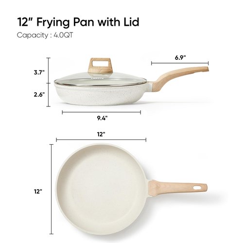 CAROTE 12 Inch Non Stick Frying Pan with Lid,White Granite Nonstick Skillet Omelet Pans, Egg Pan Granite Cookware, PFOS & PFOA Free