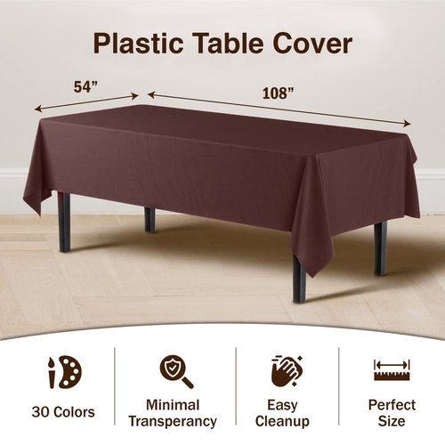 Exquisite Party Solids 6-Pack Premium Plastic Tablecloth 54in. X 108in. Rectangle Plastic Table Cover - Brown