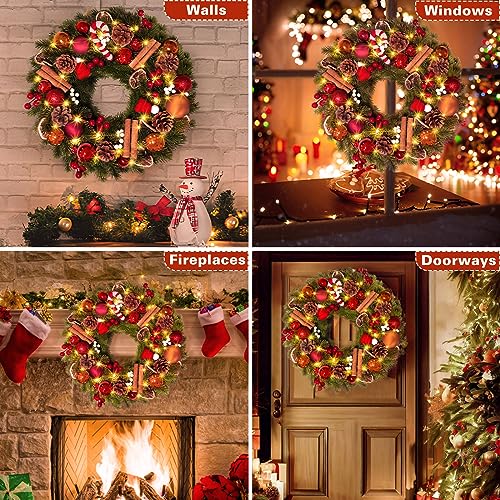 Quntis Candy Cane Christmas Wreath with Lights - 16 Inch Holiday Door Decor