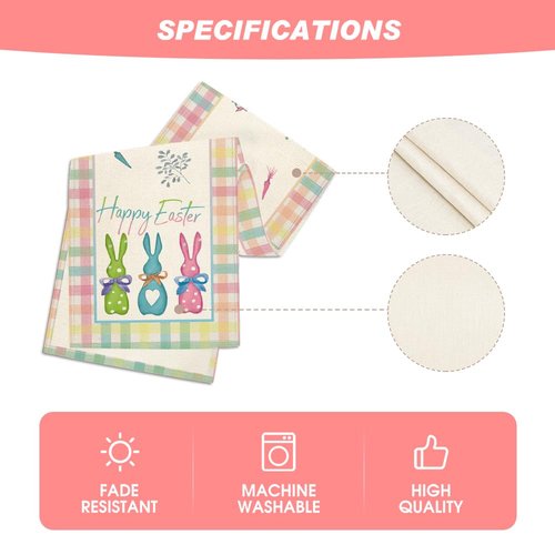 Artoid Mode Green Blue Pink Buffalo Plaid Bunny Happy Easter Table Runner, Spring Kitchen Dining Table Decoration for Home Party Decor 13x72 Inch