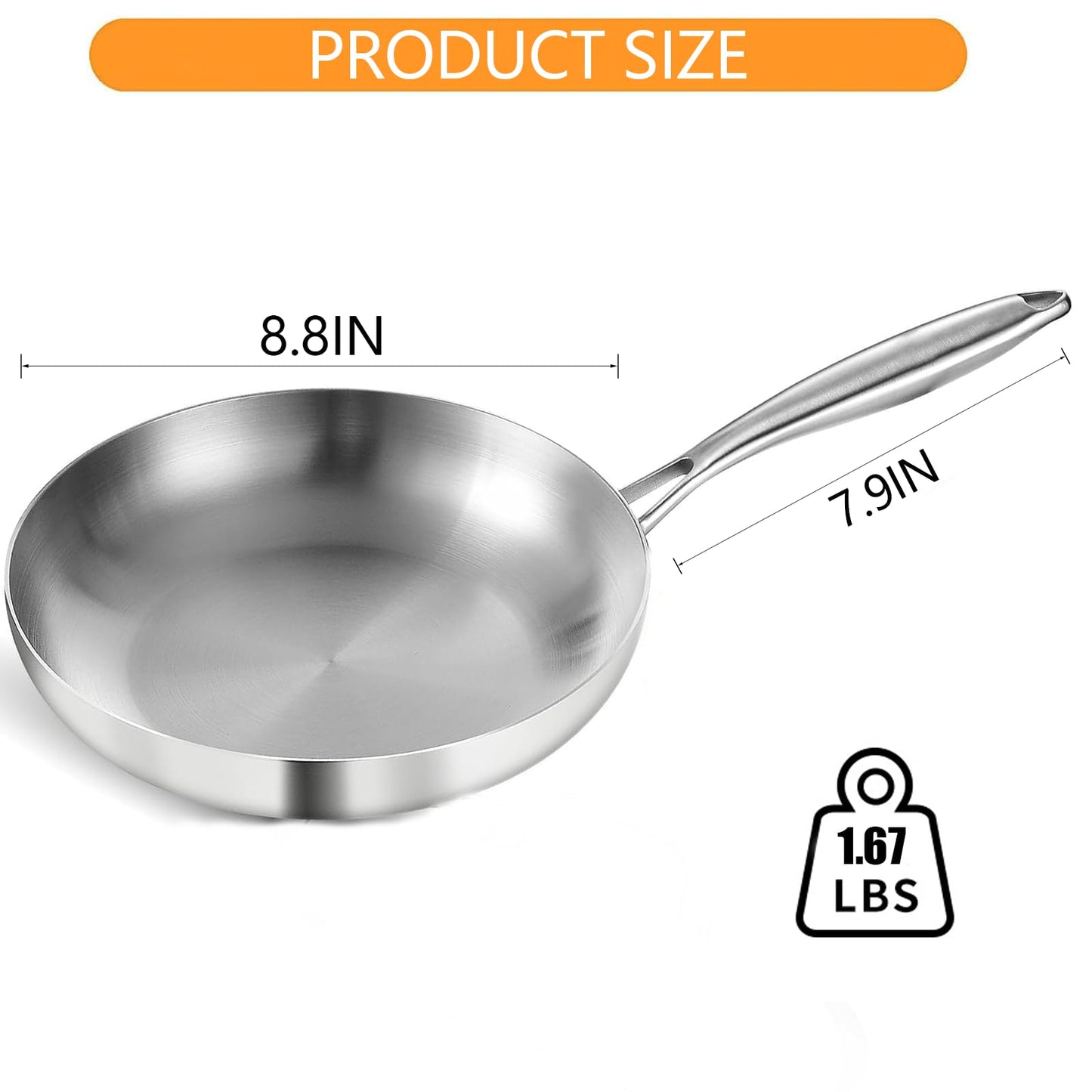 DELARLO Whole body Tri-Ply Stainless Steel 8inch Small Frying Pan, Chef's Pans Oven safe induction kitchen skillet,Suitable for All Stove (Detachable Handle)