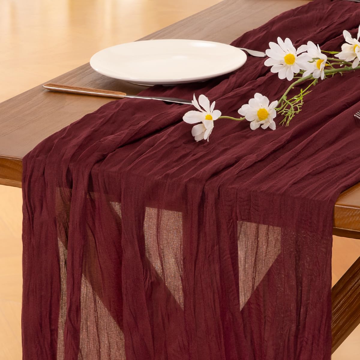 Socomi 10pcs Burgundy Red Summer Cheesecloth Table Runner Boho Rustic Gauze 120 inch 10FT Cheese Cloth Sheer Runner for Wedding Party Baby Shower Birthday Home Decor Holiday Decorations