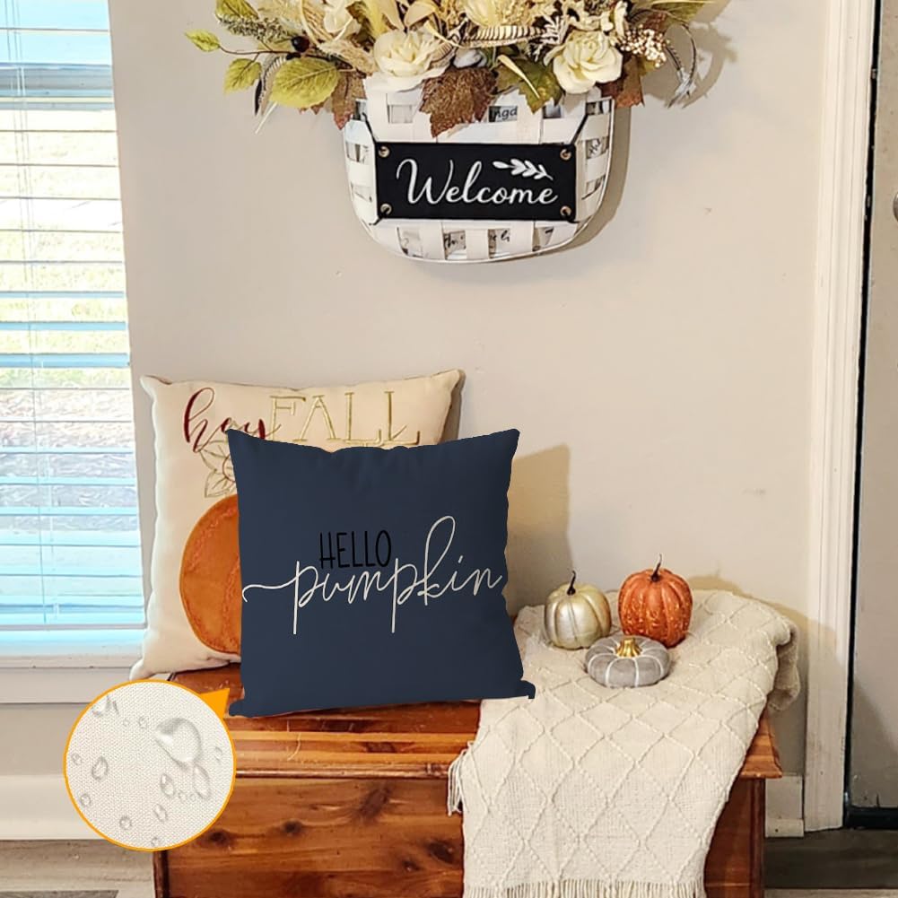 RABUSOFA Fall Pillow Covers - 18x18 Inch Dark Blue Harvest Design | Autumn Hello Pumpkin Decor
