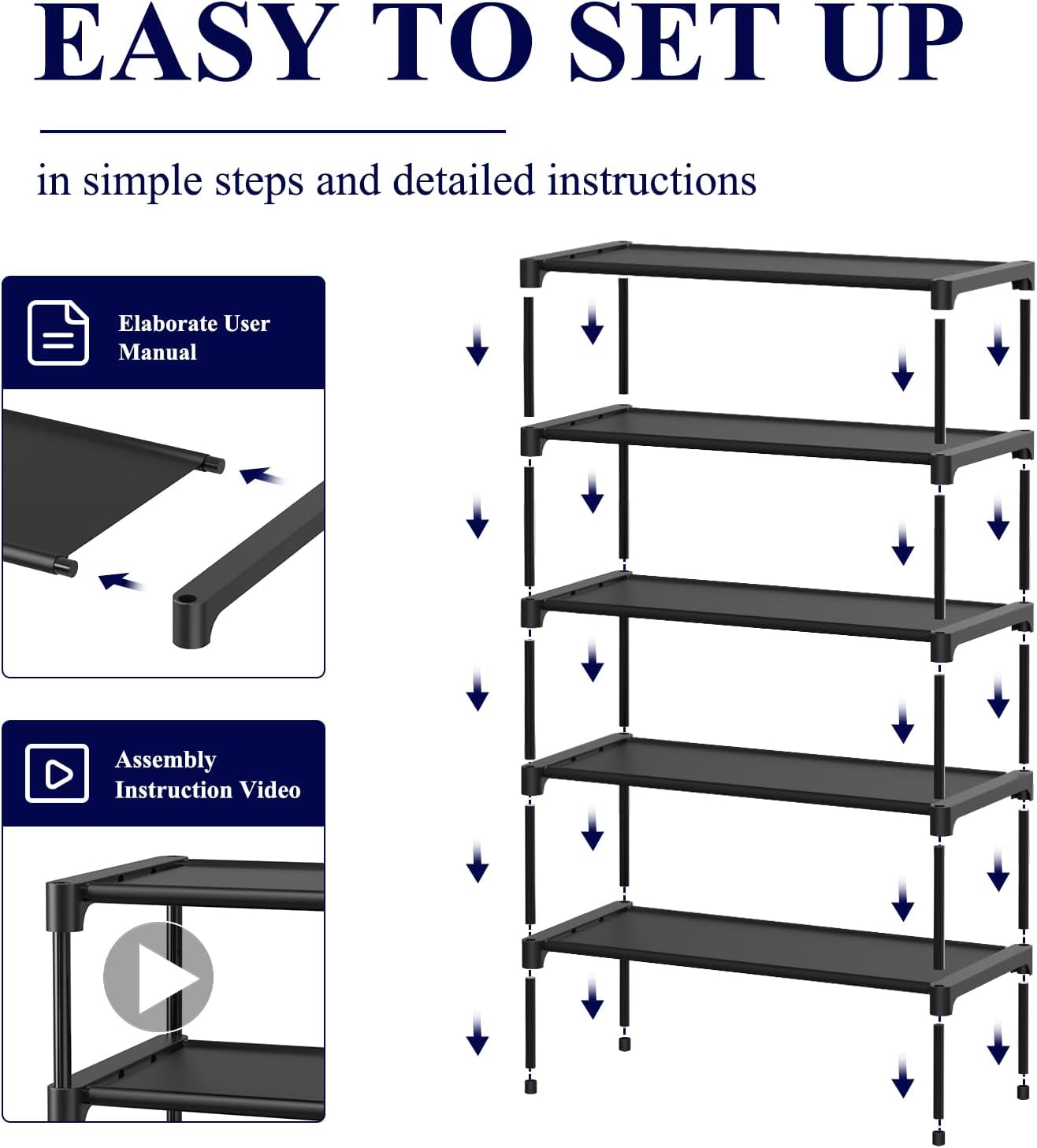 Kitsure Shoe Rack - Stackable 5-Tier Non-Woven Shoe Organizer for Closet & Entryway - 27.5" Wide, Black