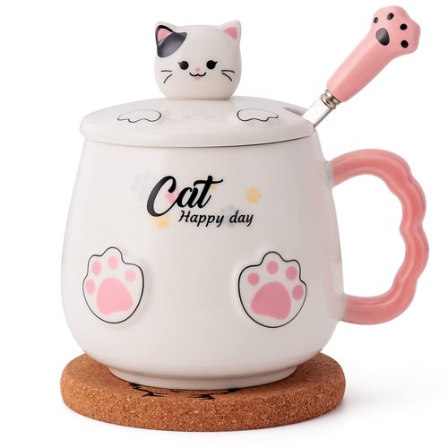 Bgbg Cute Cat Mug, Novelty Ceramic Coffee Tea Milk Cup with Lovely Kitty Lid, Kawaii Claw Spoon, Anime Coaster, Novelty Things Birthday Christmas Gift for Cat Lovers Women Her, 14 oz, White