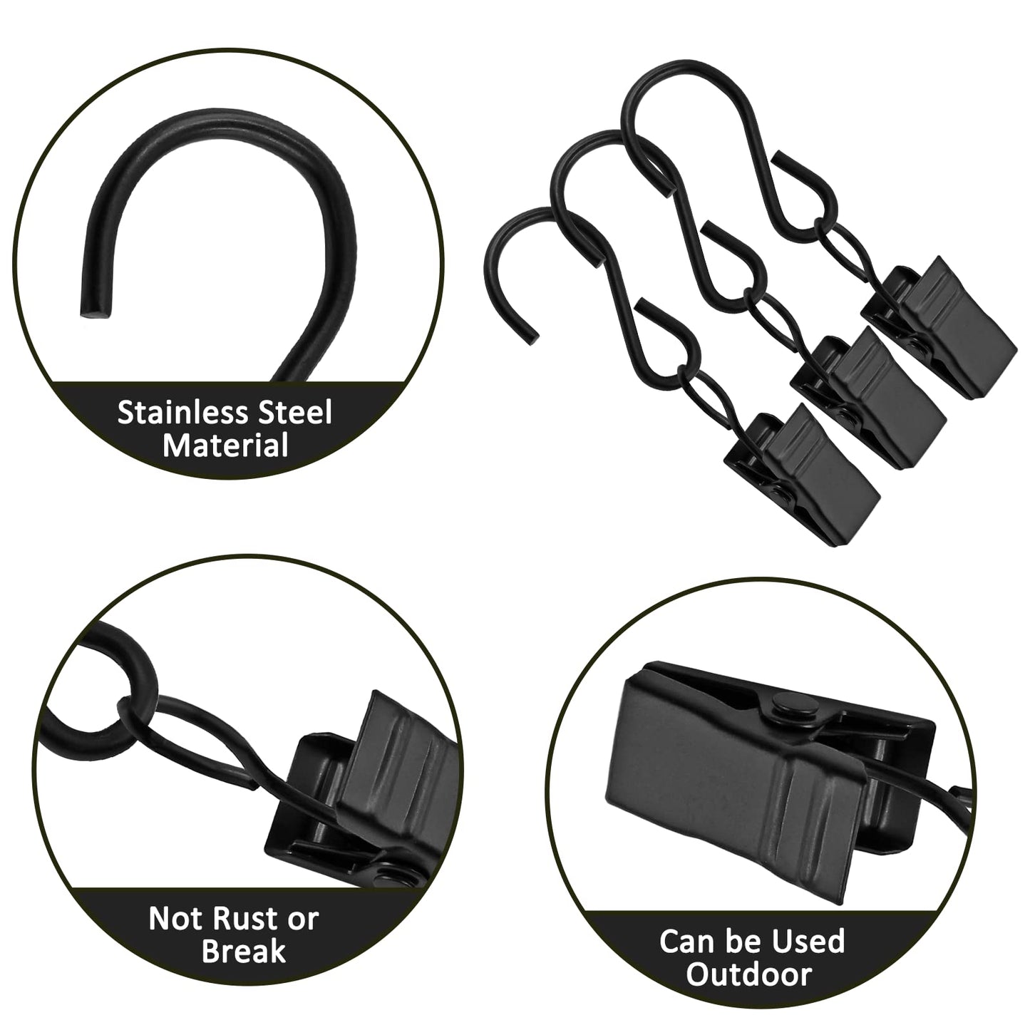Unlorspy 50 Pack Stainless Steel S Hanging Hooks with Clips, 2.4 Inch Long Curtain Clips with S Hooks for Hanging Party String Lights, Home, Garage, Party, Patio, Camp and More (Black)