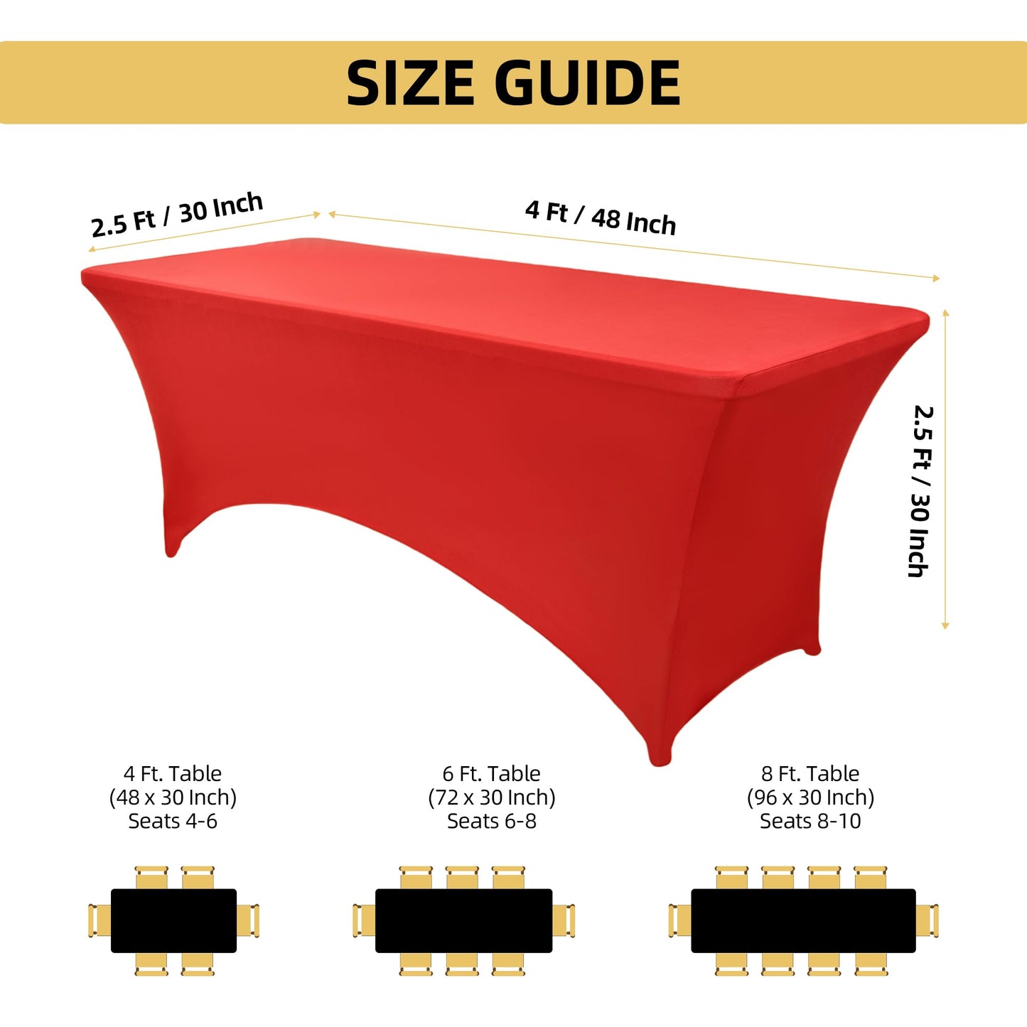 ZarzaaSik 6-Pack 8ft Red Spandex Table Covers for Rectangle Folding Tables - Washable Elastic Tablecloth - Ultimate Fitted Table Protector for Birthday Parties, Trade Shows, Banquet