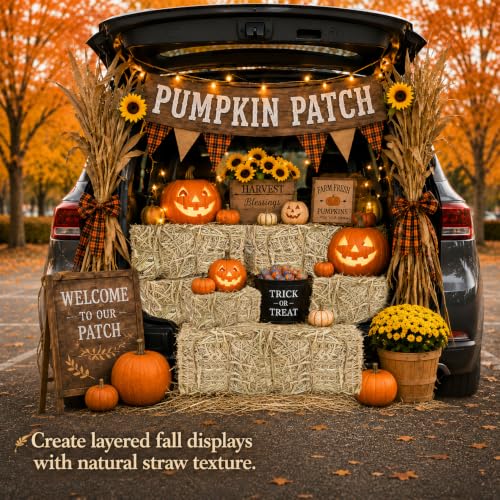 PJT Medium Natural Straw Hay Bale 16x8x6 in Fall Halloween Decor, Authentic Harvest Look