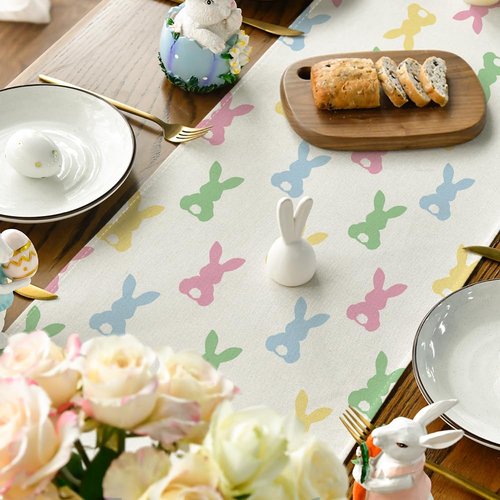 Artoid Mode Green Pink Bunny Rabbit Easter Table Runner, Spring Kitchen Dining Table Decoration for Home Party Decor 13x72 Inch