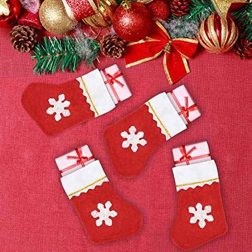 20 Pack Christmas Mini Stockings Sock Decoration Snowflake Tableware Holders, Red Felt Knife Spoon Fork Bag Candy Pouch Bag Plush Cuff Socking for Xmas Party Tree Dinner Table Home Ornaments