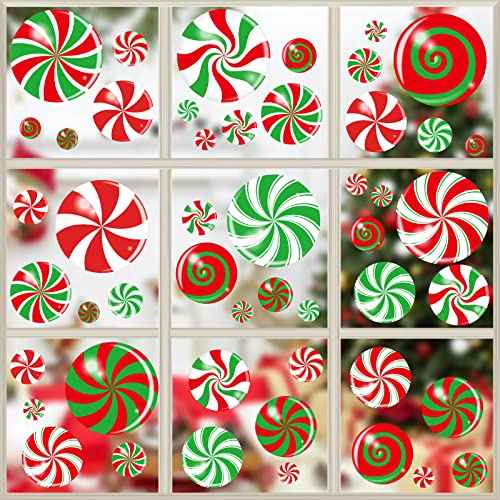 40PCS Christmas Window Clings Christmas Candy Party Stickers Colorful Candy Floor Decals Decorations Peppermint Window Floor Stickers for Glass Xmas Holiday Home Office School Decorations Supplies