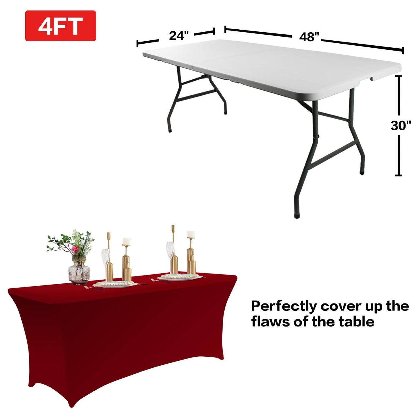 IVAPUPU 2 Pack 4FT Table Cloth for Rectangular Fitted Events Stretch Burgundy Table Covers Washable Spandex Tablecloth Protector for Party, Wedding, Cocktail, Banquet, Festival