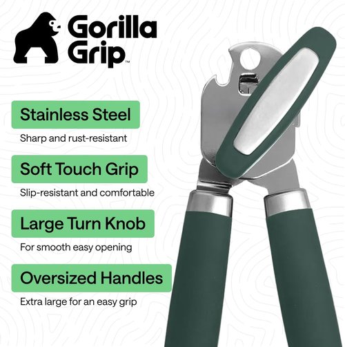 GORILLA GRIP Heavy Duty Manual Can Opener - Stainless Steel, Comfortable Handle, Hunter Green