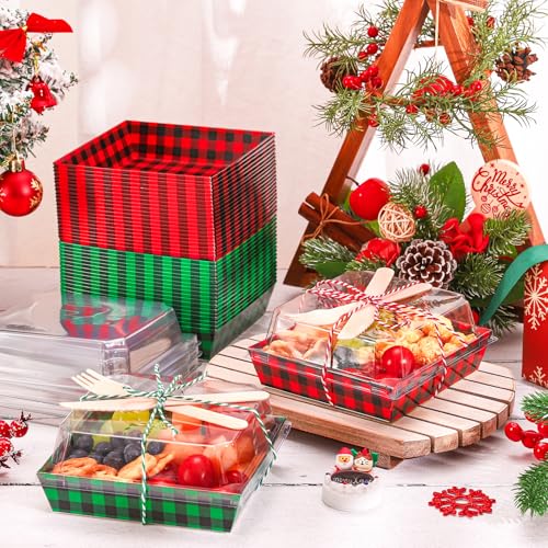 Christmas Charcuterie Boxes 100 Pack with Lids, Forks & Knives – Red/Green Checkered Paper Gift Boxes