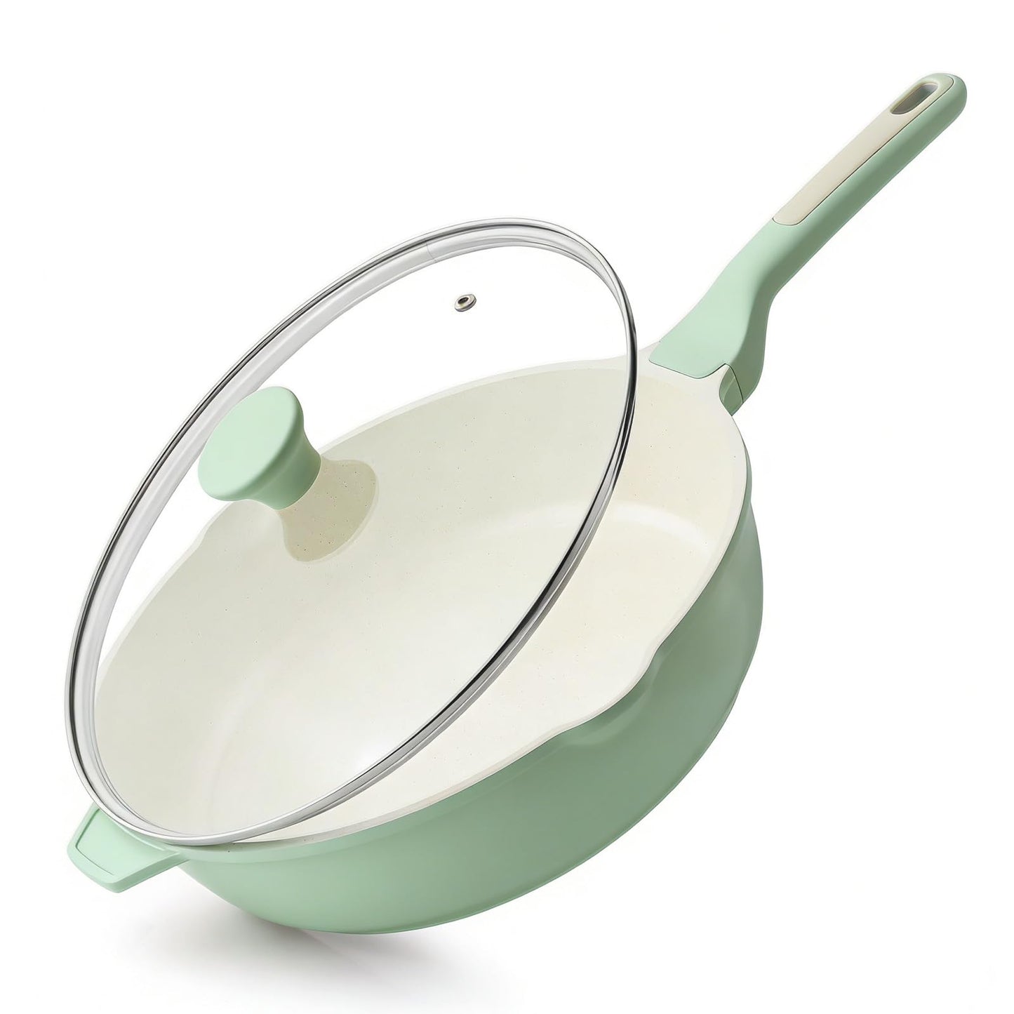 SENSARTE Nonstick Ceramic Skillet with Lid 12-inch/5QT, Non Toxic Deep Frying Pan, Saute Pan with Lid, Stay-cool Handle, Healthy Cooking Pot Dishwasher Safe, Induction Compatible, Green
