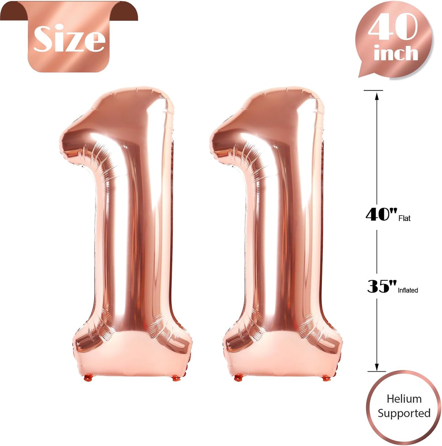 Rose Gold Number 11 Balloon - 40 Inch 11th Birthday Decoration for Girls & Boys