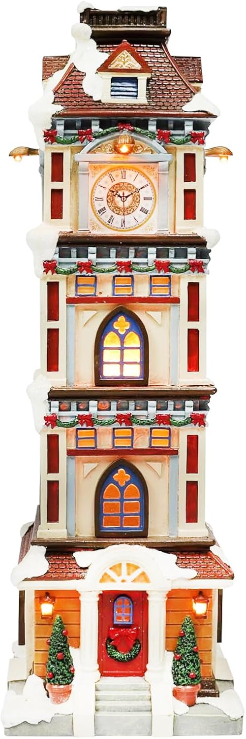 Moments In Time Lighted Christmas Clock Tower - 14.5” Hand-Painted Polyresin Village Décor | Elegant Holiday Gift