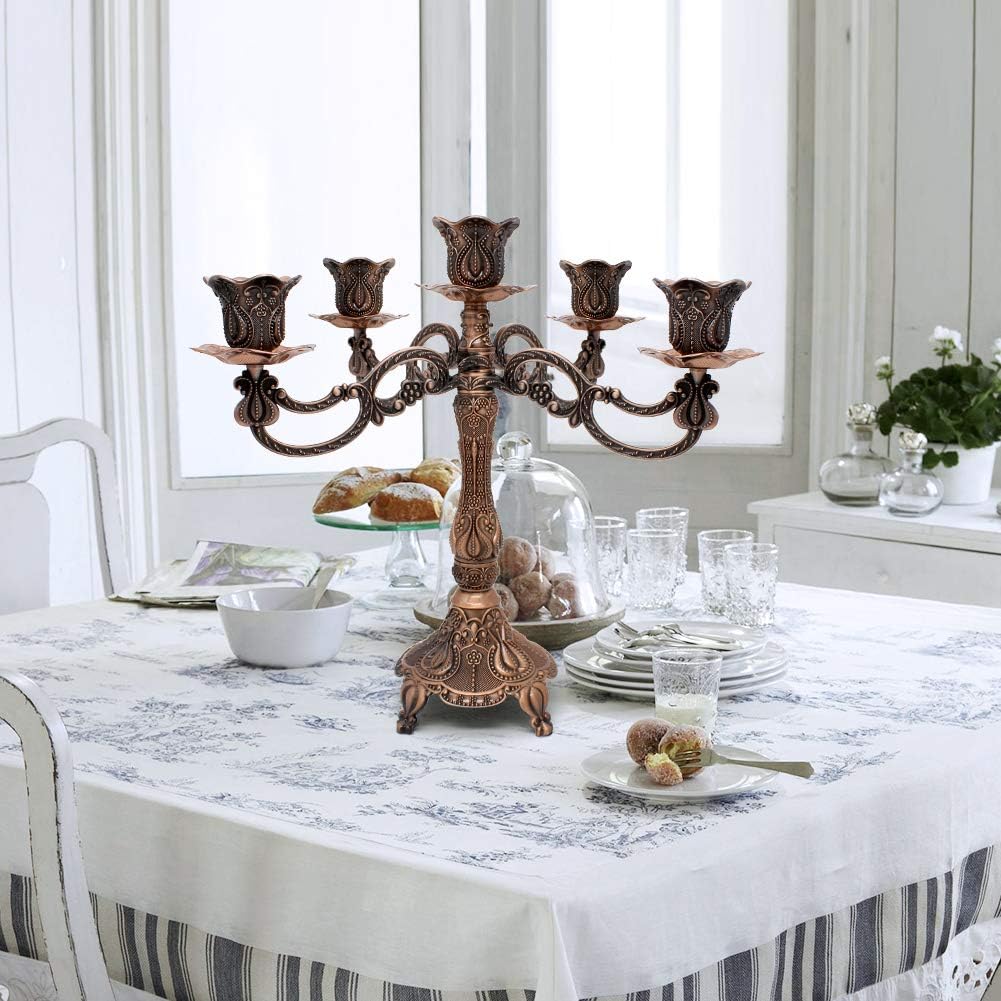 Skiennix Metal Candelabra - 5-Candle Holder for Weddings & Events | 10.1 Inch Tall, Red Bronze Finish