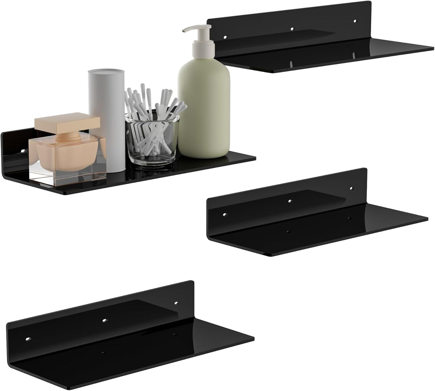 Perspex 15-Inch Black Acrylic Wall Shelves - 4 Pack for Stylish Home Décor & Space Saving