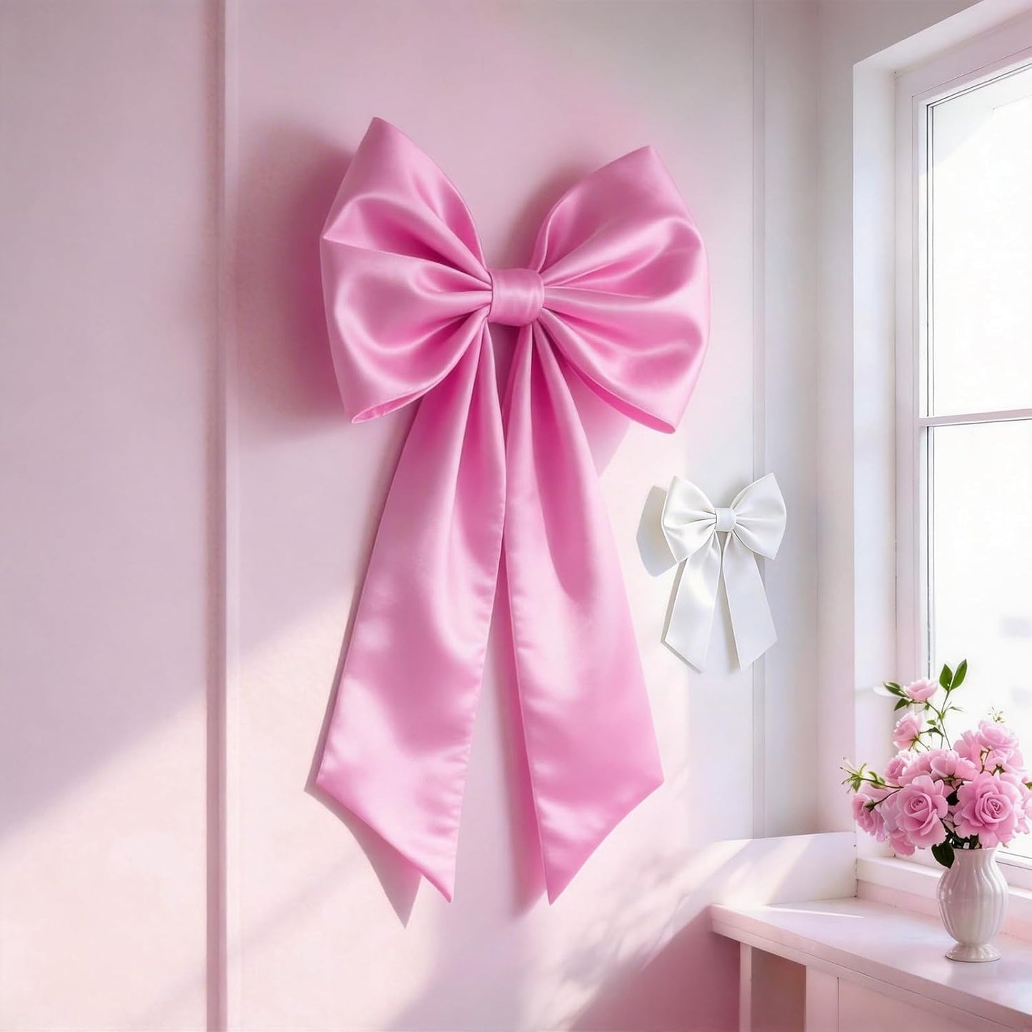 Skiennix Pink & White Bow Decor - 2 Pack Large & Small Coquette Room Backdrop for Events