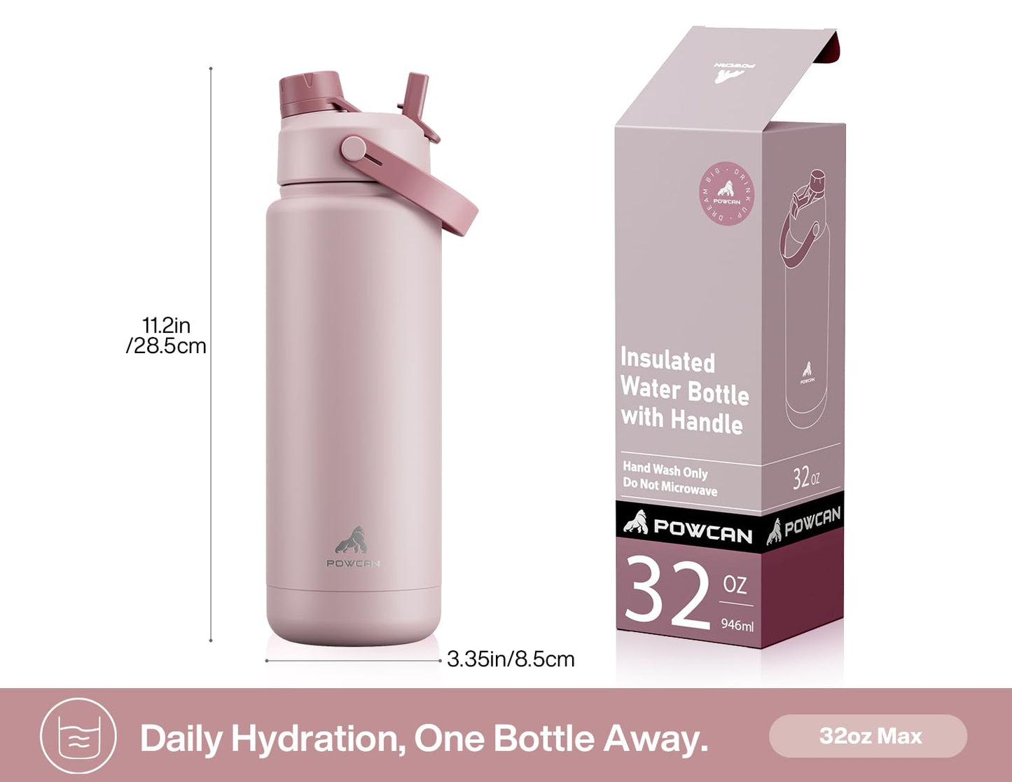 POWCAN 32 oz Insulated Water Bottle with 2-in-1 Straw and Spout Lid, Keep Cold 24H, Leak-Proof, BPA-Free, Double Wall Stainless Steel Water Bottle for Sports, Gym, Travel, and School (Dried Rose)