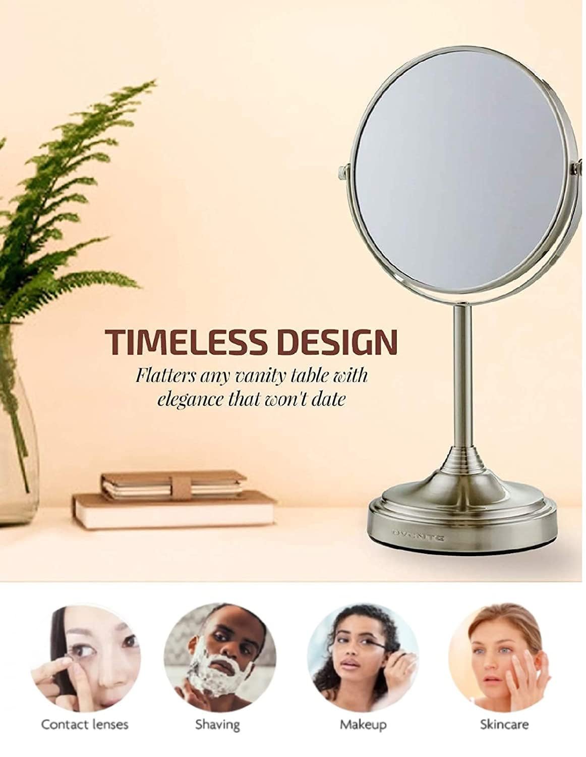 OVENTE 7'' Tabletop Makeup Mirror with 1X/7X Magnification, 360° Swivel Design and Double-Sided Free-Standing Vanity Mirror Perfect for Dresser, Bedroom and Office Desk, Nickel Brushed MNLCT70BR1X7X