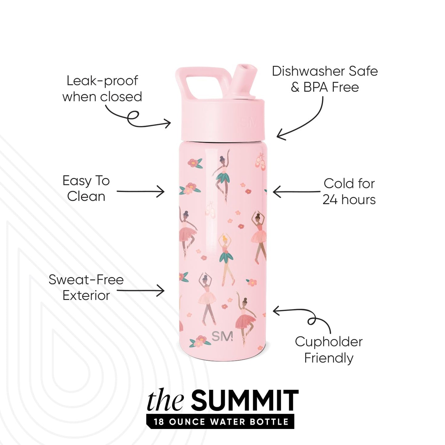 Simple Modern Kids Summit Water Bottle with Straw Lid | 18oz Stainless Steel Cup Insulated Tumbler for Toddlers, School | Pink Ballerina